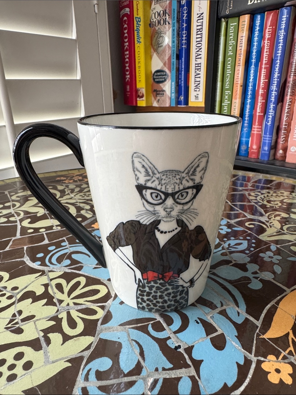 Signature White Ceramic Mug with Black Handle and Cat Illustration